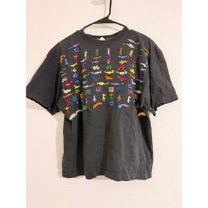 Vintage Single Stitch Black Embroidered Creature T-Shirt L Retro Colorful
